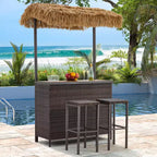 Ensemble de bar de jardin extérieur EROMMY, bar de patio en osier avec 2 tabourets, étagère de rangement pour jardin ou bord de piscine