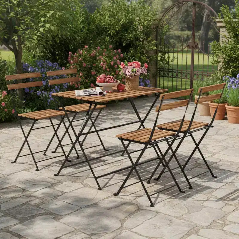 Set da pranzo Gymax da 5 pezzi per patio in legno di acacia con sedie pieghevoli con sedili a doghe e ripiano robusti telai in metallo per esterni e interni