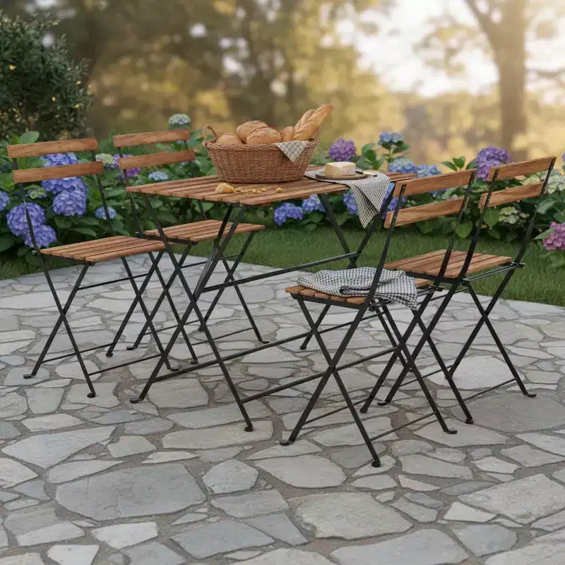 Set da pranzo Gymax da 5 pezzi per patio in legno di acacia con sedie pieghevoli con sedili a doghe e ripiano robusti telai in metallo per esterni e interni