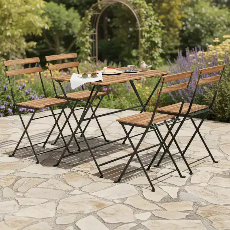 Set da pranzo Gymax da 5 pezzi per patio in legno di acacia con sedie pieghevoli con sedili a doghe e ripiano robusti telai in metallo per esterni e interni