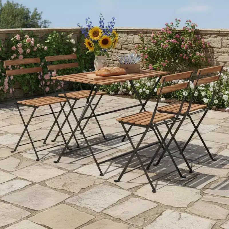 Set da pranzo Gymax da 5 pezzi per patio in legno di acacia con sedie pieghevoli con sedili a doghe e ripiano robusti telai in metallo per esterni e interni