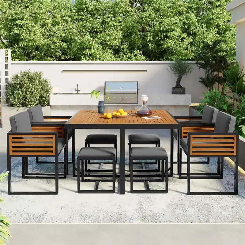 Ensemble de salle à manger GDFStudio Donald de 9 pièces pour patio en bois d'acacia avec table carrée, 4 chaises rembourrées et 4 tabourets