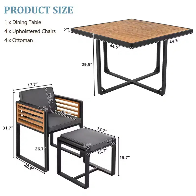 Ensemble de salle à manger GDFStudio Donald de 9 pièces pour patio en bois d'acacia avec table carrée, 4 chaises rembourrées et 4 tabourets
