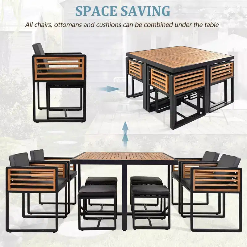 Ensemble de salle à manger GDFStudio Donald de 9 pièces pour patio en bois d'acacia avec table carrée, 4 chaises rembourrées et 4 tabourets