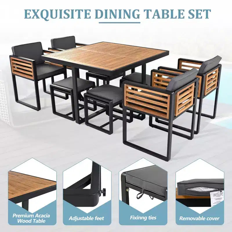 Ensemble de salle à manger GDFStudio Donald de 9 pièces pour patio en bois d'acacia avec table carrée, 4 chaises rembourrées et 4 tabourets