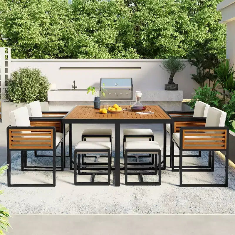 Ensemble de salle à manger GDFStudio Donald de 9 pièces pour patio en bois d'acacia avec table carrée, 4 chaises rembourrées et 4 tabourets