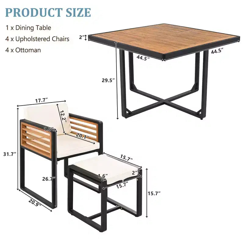Ensemble de salle à manger GDFStudio Donald de 9 pièces pour patio en bois d'acacia avec table carrée, 4 chaises rembourrées et 4 tabourets