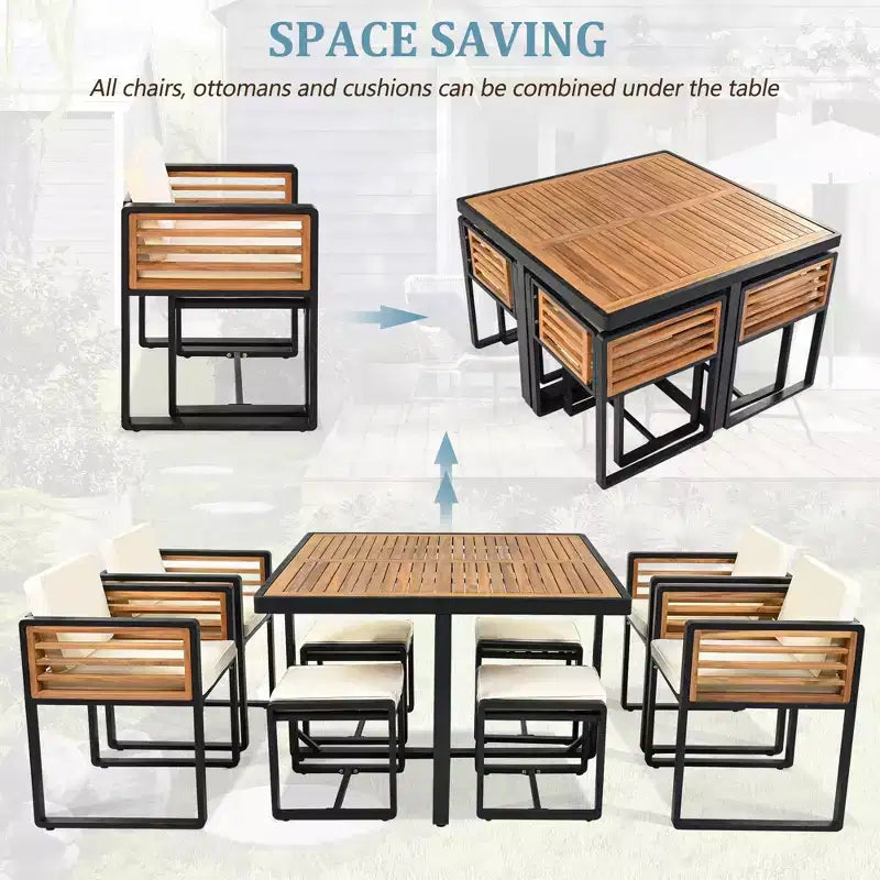 Ensemble de salle à manger GDFStudio Donald de 9 pièces pour patio en bois d'acacia avec table carrée, 4 chaises rembourrées et 4 tabourets