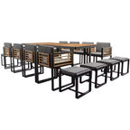 GDFStudio Ernest Patio Ensemble de Salle à Manger Moderne 18 Pièces en Bois d'Acacia avec 2 Tables, 8 Chaises Coussins et 8 Ottomans