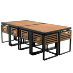 GDFStudio Ernest Patio Ensemble de Salle à Manger Moderne 18 Pièces en Bois d'Acacia avec 2 Tables, 8 Chaises Coussins et 8 Ottomans
