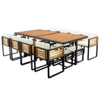 GDFStudio Ernest Patio Ensemble de Salle à Manger Moderne 18 Pièces en Bois d'Acacia avec 2 Tables, 8 Chaises Coussins et 8 Ottomans