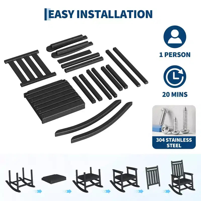 Set 2 sedie a dondolo da esterno in HDPE con tavolino - Sedie a dondolo alte da portico in polietilene per adulti - Mobili da esterno resistenti a tutte le intemperie per patio