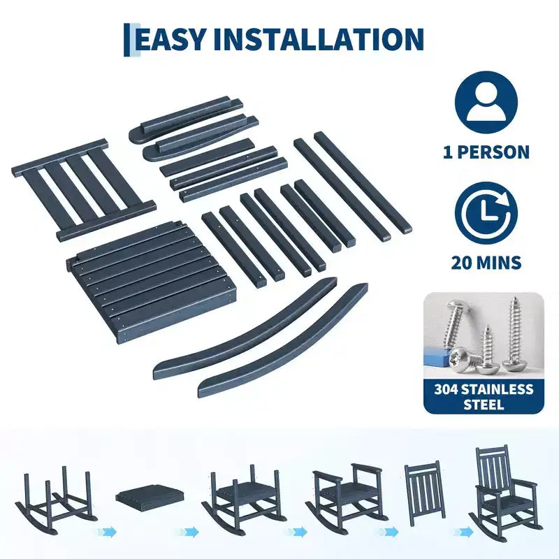 Set 2 sedie a dondolo da esterno in HDPE con tavolino - Sedie a dondolo alte da portico in polietilene per adulti - Mobili da esterno resistenti a tutte le intemperie per patio