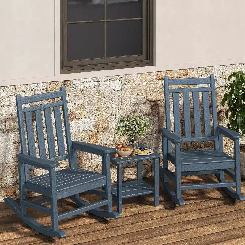 Ensemble de 2 chaises à bascule d'extérieur en PEHD avec table d'appoint - Chaises à bascule hautes en polyéthylène pour adultes - Mobilier de patio résistant à toutes les intempéries