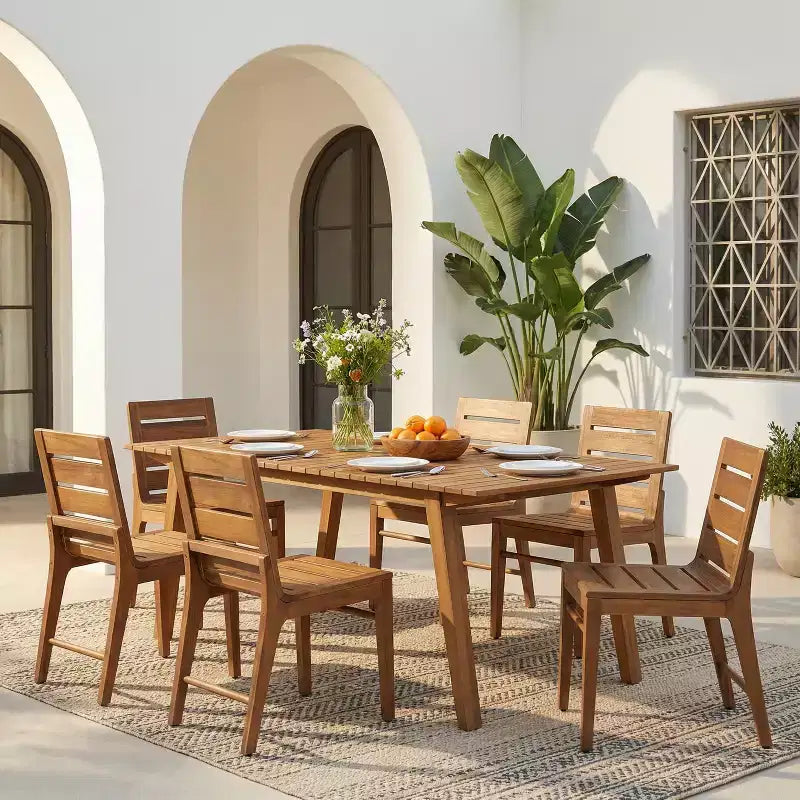 Christopher Knight Home Alessandro Modern 7 Piece Acacia Wood Dining Table Set with Slatted Design