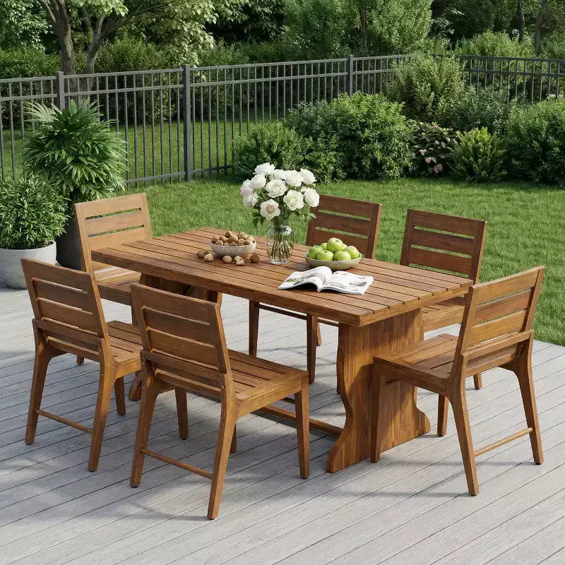 Christopher Knight Home Lorenzo Modern 7 Piece Acacia Wood Dining Table Set with Slatted Design and Fishtail-Shaped Legs