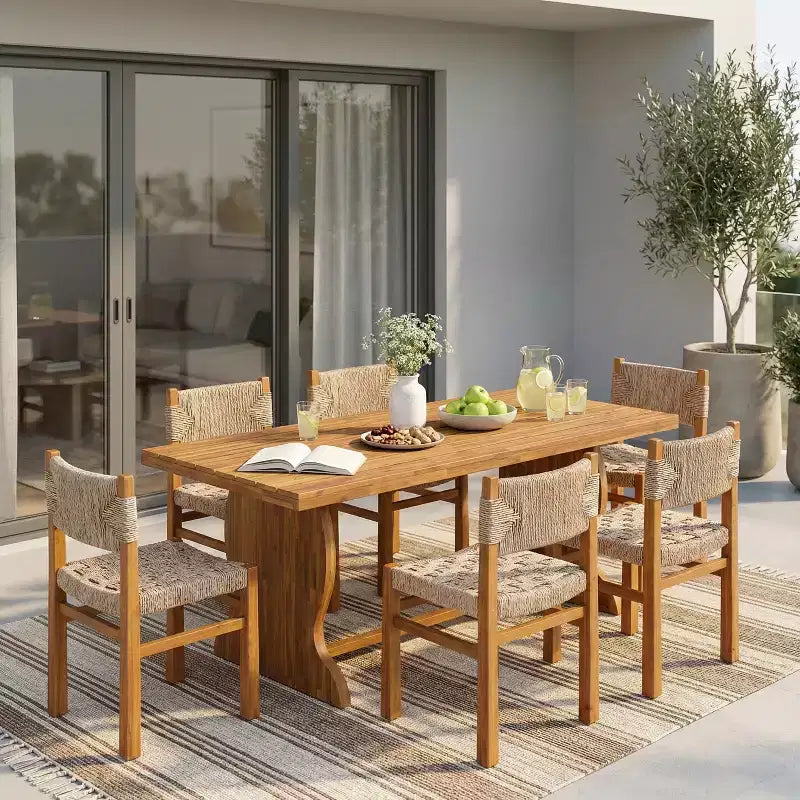 Christopher Knight Home Antonella Farmhouse 7 Piece Acacia Wood Dining Set with Wicker and Slatted Design