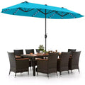 Gymax Set of 11 Patio Rattan Dining Set w/ 15ft Solar Patio Umbrella with Base Beige