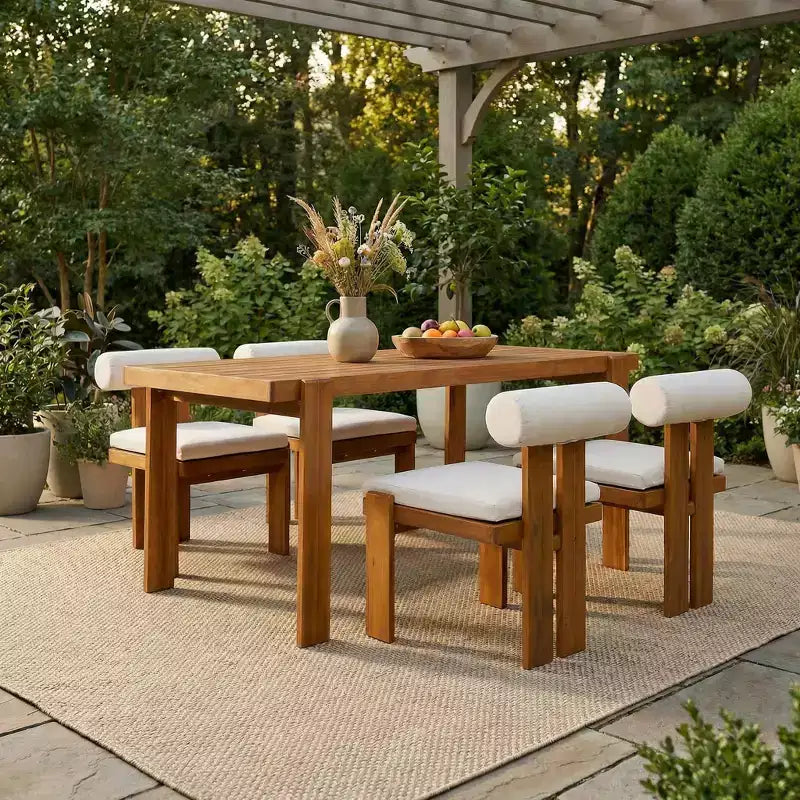 Christopher Knight Home Javier Modern 5 Piece Patio Acacia Upholstered Dining Set with Round Back and Slatted Table