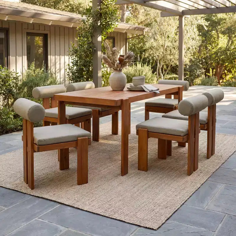 Christopher Knight Home Lucia Ensemble de salle à manger moderne 7 pièces pour patio en acacia, rembourré, avec dossier rond et table à lattes