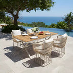 Christopher Knight Home David Set da pranzo da esterno moderno in acciaio, 5 pezzi, tavolo con piano in legno e 4 sedie in vimini intrecciato