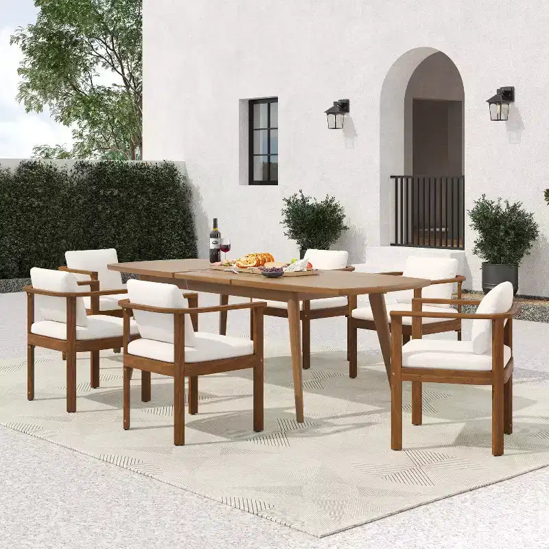 Christopher Knight Home Merlin Patio Rustic 7-Piece Acacia Wood Outdoor Expandable Dining Set with Cushioned Dining Chairs