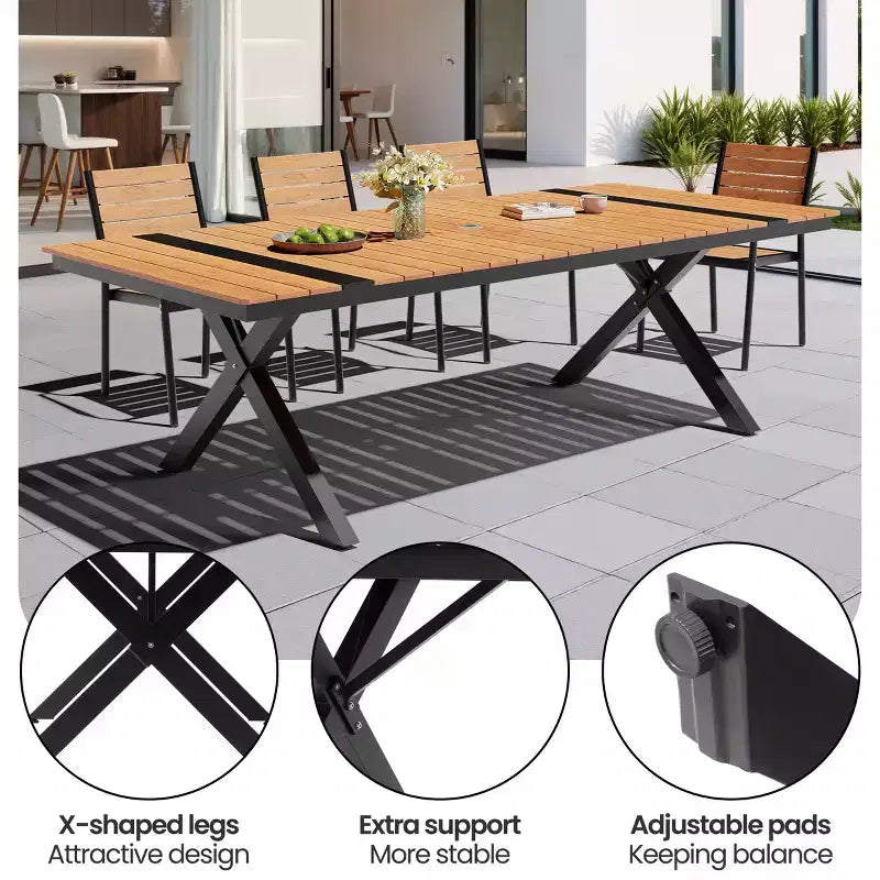 Crestlive Products Set da pranzo da esterno 11 pezzi, sedie impilabili con braccioli, tavolo effetto legno con foro per ombrellone per grandi riunioni