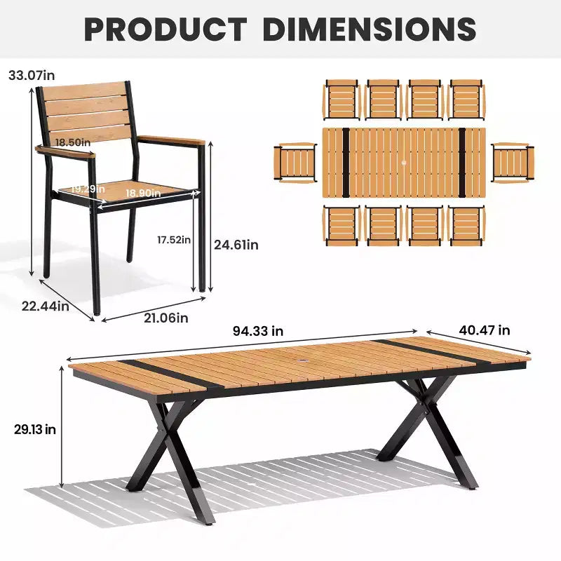 Crestlive Products Set da pranzo da esterno 11 pezzi, sedie impilabili con braccioli, tavolo effetto legno con foro per ombrellone per grandi riunioni
