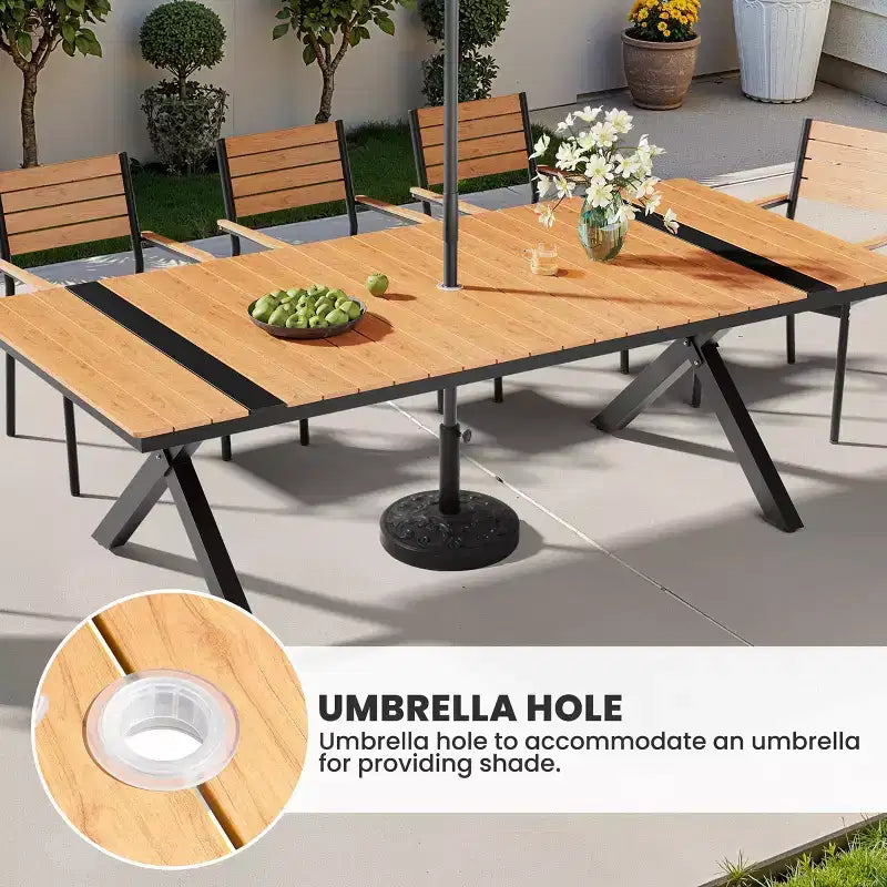 Crestlive Products Set da pranzo da esterno 11 pezzi, sedie impilabili con braccioli, tavolo effetto legno con foro per ombrellone per grandi riunioni
