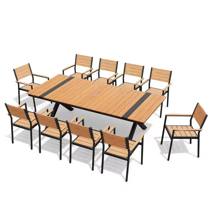 Crestlive Products Set da pranzo da esterno 11 pezzi, sedie impilabili con braccioli, tavolo effetto legno con foro per ombrellone per grandi riunioni