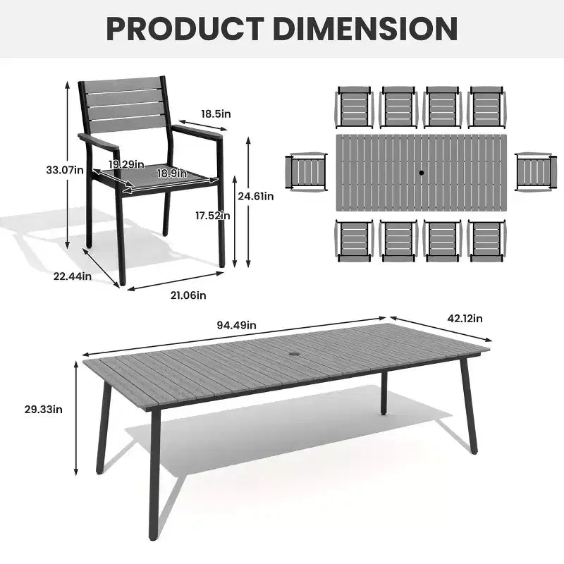 Crestlive Products Set da pranzo da esterno 11 pezzi, sedie impilabili con braccioli, tavolo effetto legno con foro per ombrellone per grandi riunioni