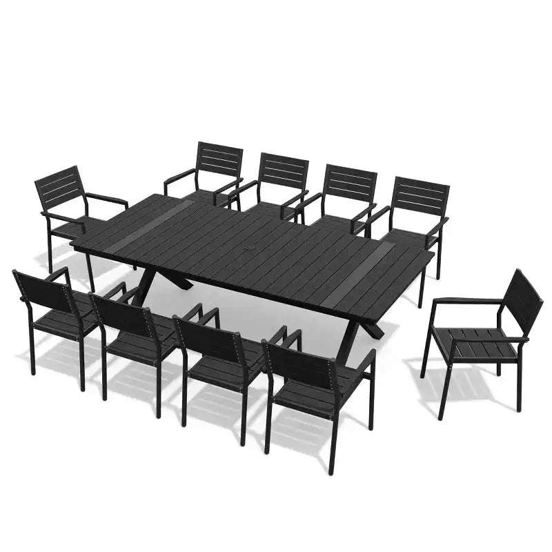 Crestlive Products Set da pranzo da esterno 11 pezzi, sedie impilabili con braccioli, tavolo effetto legno con foro per ombrellone per grandi riunioni
