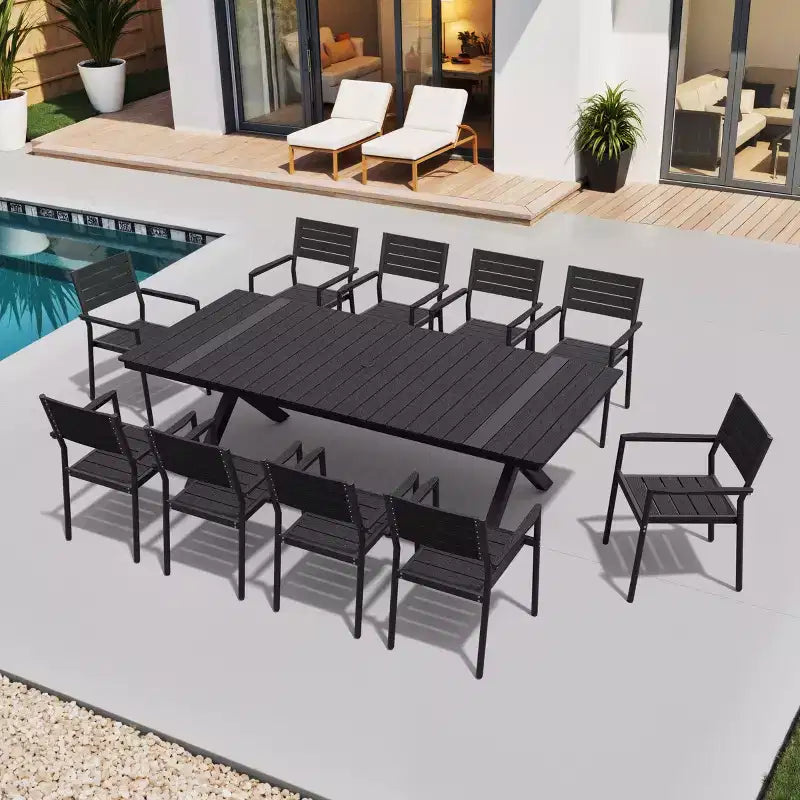 Crestlive Products Outdoor 11pcs Patio Dining Set Stackable Armchairs Wood Like Table With Umbrella Hole For Large Gatherings