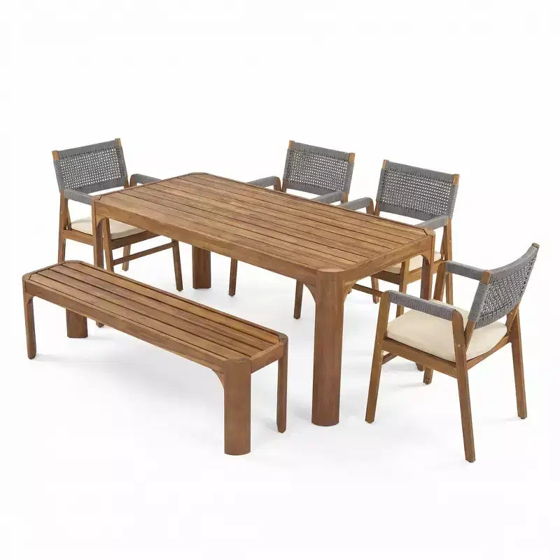 Ensemble de salle à manger d'extérieur moderne Christopher Knight Home Lan 6 pièces en bois d'acacia avec table à lattes et design en corde