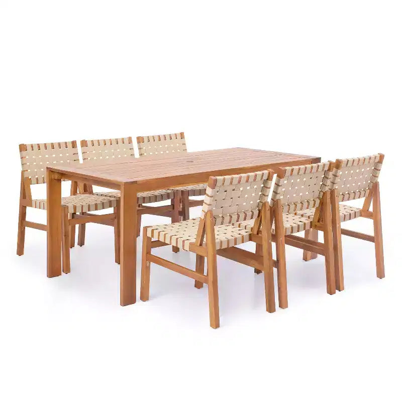 Christopher Knight Home Ratchanon Set da pranzo moderno da esterno da 7 pezzi in legno di acacia con corda intrecciata in PE e tavolo a doghe