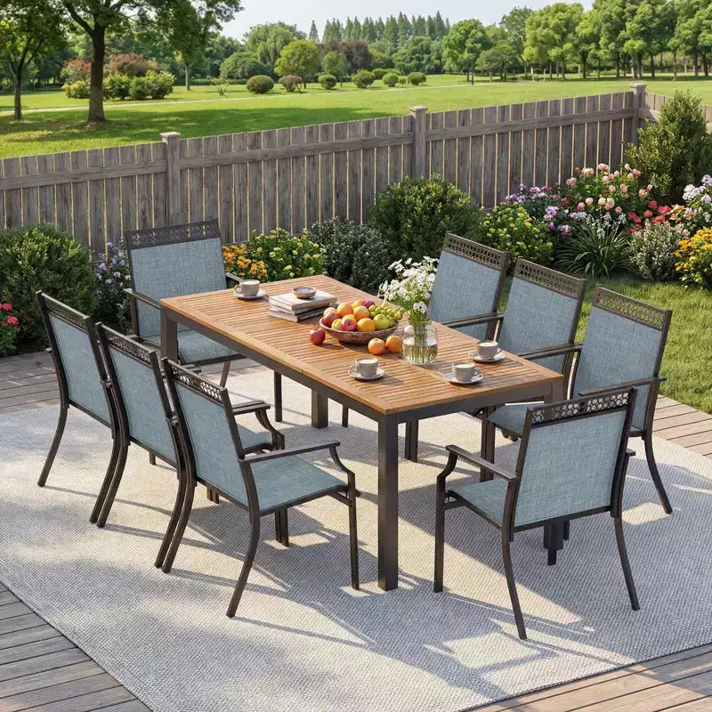 Gymax Ensemble de salle à manger d'extérieur 9 pièces pour 8 personnes avec tissu à séchage rapide et bois d'acacia robuste pour le jardin