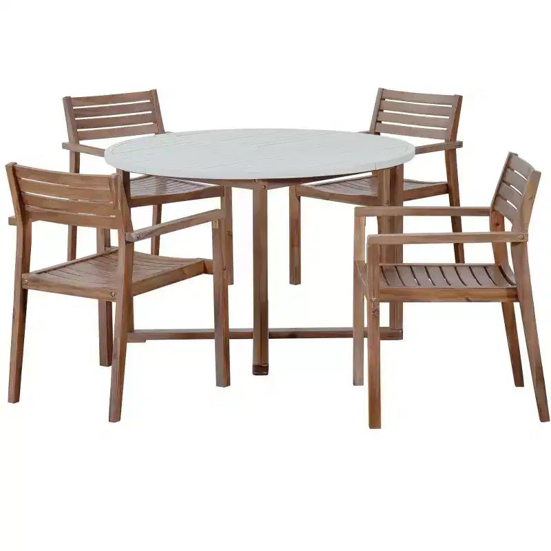 Set da pranzo da esterni in legno di acacia a 5 pezzi per 4 persone, tavolo rotondo con piano a doghe e 4 sedie, mobili da giardino per patio, bordo piscina-Panipeachy