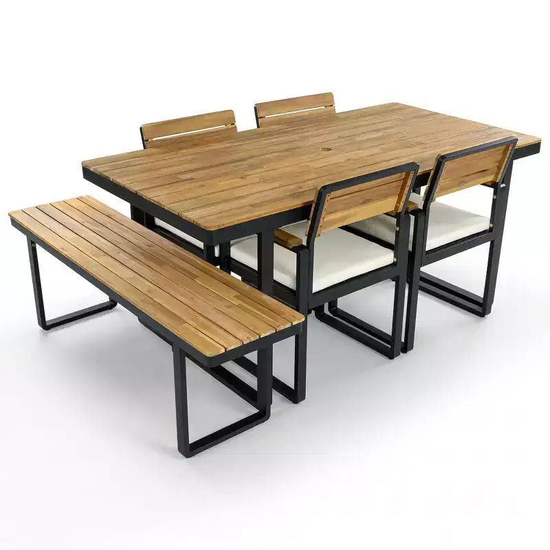 Ensemble de salle à manger d'extérieur en bois Whisen 6 pièces pour 6-7 personnes, ensemble de sièges de salle à manger de jardin de patio, 1 table rectangulaire et 1 banc et 4 chaises avec coussins