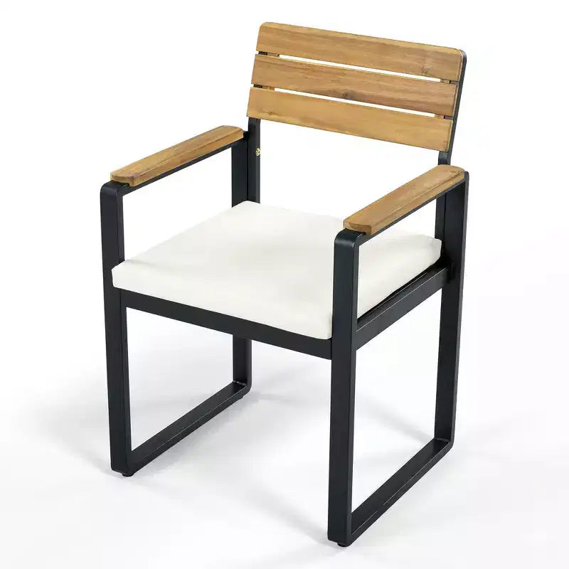 Ensemble de salle à manger d'extérieur en bois Whisen 6 pièces pour 6-7 personnes, ensemble de sièges de salle à manger de jardin de patio, 1 table rectangulaire et 1 banc et 4 chaises avec coussins