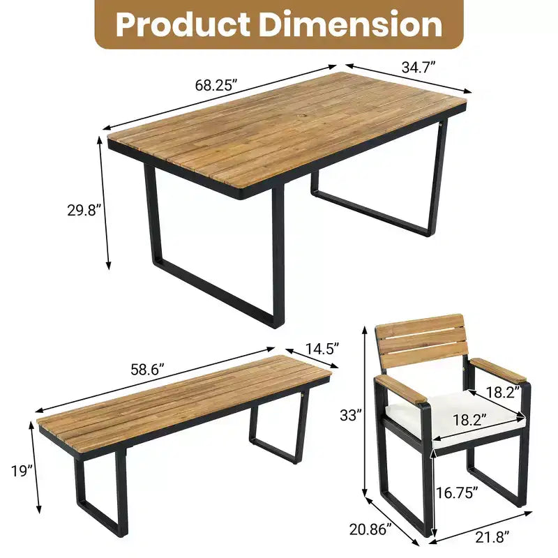 Ensemble de salle à manger d'extérieur en bois Whisen 6 pièces pour 6-7 personnes, ensemble de sièges de salle à manger de jardin de patio, 1 table rectangulaire et 1 banc et 4 chaises avec coussins