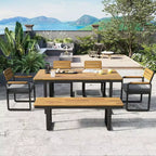 Ensemble de salle à manger d'extérieur en bois Whisen 6 pièces pour 6-7 personnes, ensemble de sièges de salle à manger de jardin de patio, 1 table rectangulaire et 1 banc et 4 chaises avec coussins