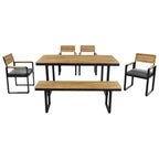 Ensemble de salle à manger d'extérieur en bois Whisen 6 pièces pour 6-7 personnes, ensemble de sièges de salle à manger de jardin de patio, 1 table rectangulaire et 1 banc et 4 chaises avec coussins