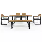 Ensemble de salle à manger d'extérieur en bois Whisen 6 pièces pour 6-7 personnes, ensemble de sièges de salle à manger de jardin de patio, 1 table rectangulaire et 1 banc et 4 chaises avec coussins