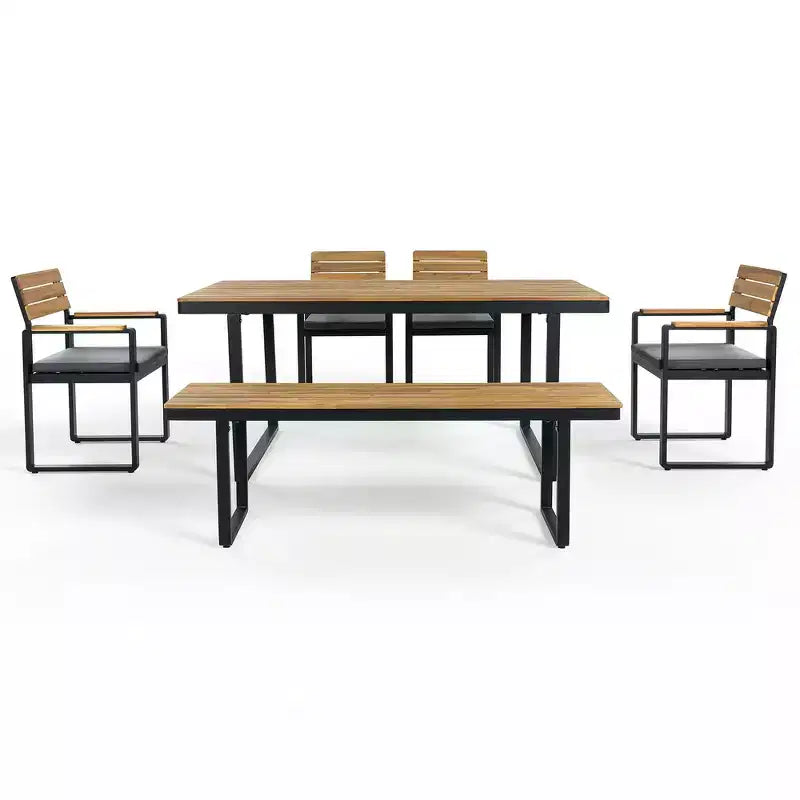 Ensemble de salle à manger d'extérieur en bois Whisen 6 pièces pour 6-7 personnes, ensemble de sièges de salle à manger de jardin de patio, 1 table rectangulaire et 1 banc et 4 chaises avec coussins