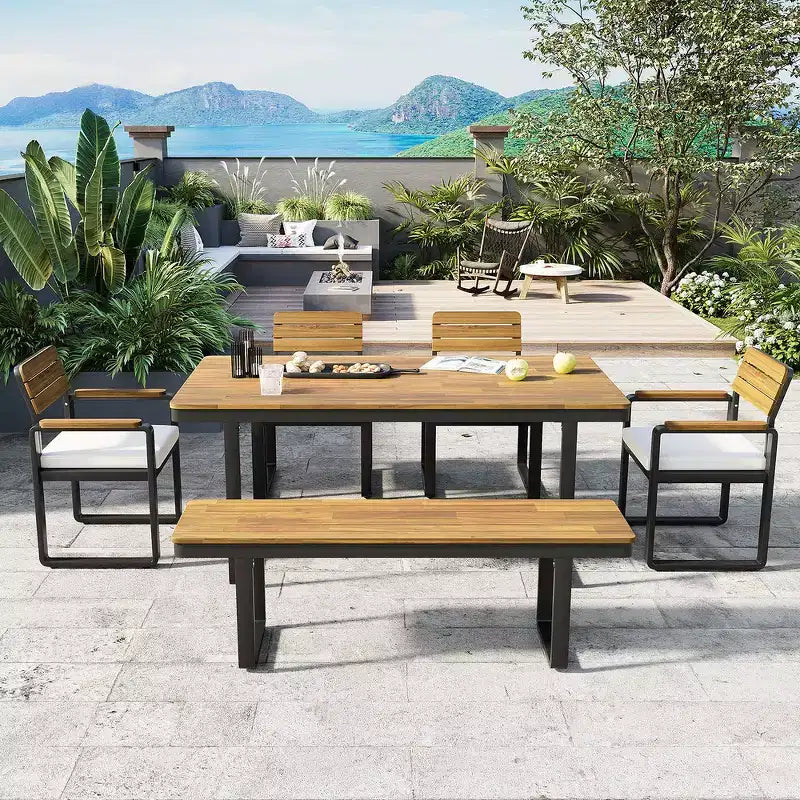 Ensemble de salle à manger d'extérieur en bois Whisen 6 pièces pour 6-7 personnes, ensemble de sièges de salle à manger de jardin de patio, 1 table rectangulaire et 1 banc et 4 chaises avec coussins