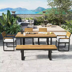Ensemble de salle à manger d'extérieur en bois Whisen 6 pièces pour 6-7 personnes, ensemble de sièges de salle à manger de jardin de patio, 1 table rectangulaire et 1 banc et 4 chaises avec coussins