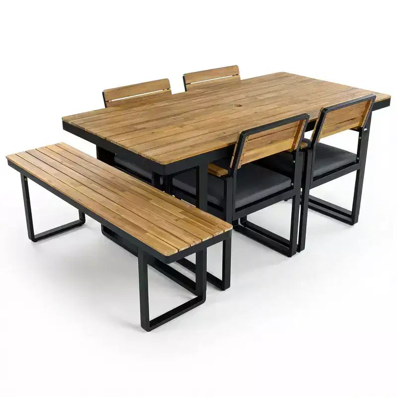 Ensemble de salle à manger d'extérieur en bois Whisen 6 pièces pour 6-7 personnes, ensemble de sièges de salle à manger de jardin de patio, 1 table rectangulaire et 1 banc et 4 chaises avec coussins