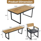 Ensemble de salle à manger d'extérieur en bois Whisen 6 pièces pour 6-7 personnes, ensemble de sièges de salle à manger de jardin de patio, 1 table rectangulaire et 1 banc et 4 chaises avec coussins