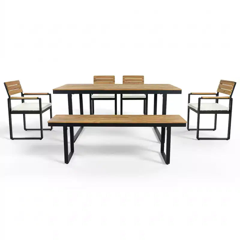 Ensemble de salle à manger d'extérieur en bois Whisen 6 pièces pour 6-7 personnes, ensemble de sièges de salle à manger de jardin de patio, 1 table rectangulaire et 1 banc et 4 chaises avec coussins