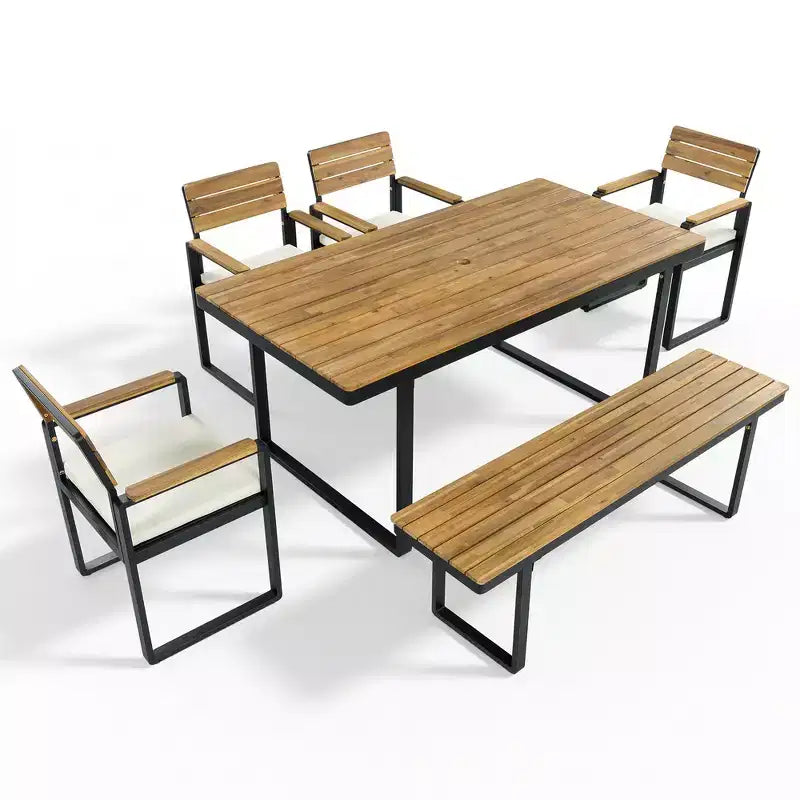 Ensemble de salle à manger d'extérieur en bois Whisen 6 pièces pour 6-7 personnes, ensemble de sièges de salle à manger de jardin de patio, 1 table rectangulaire et 1 banc et 4 chaises avec coussins